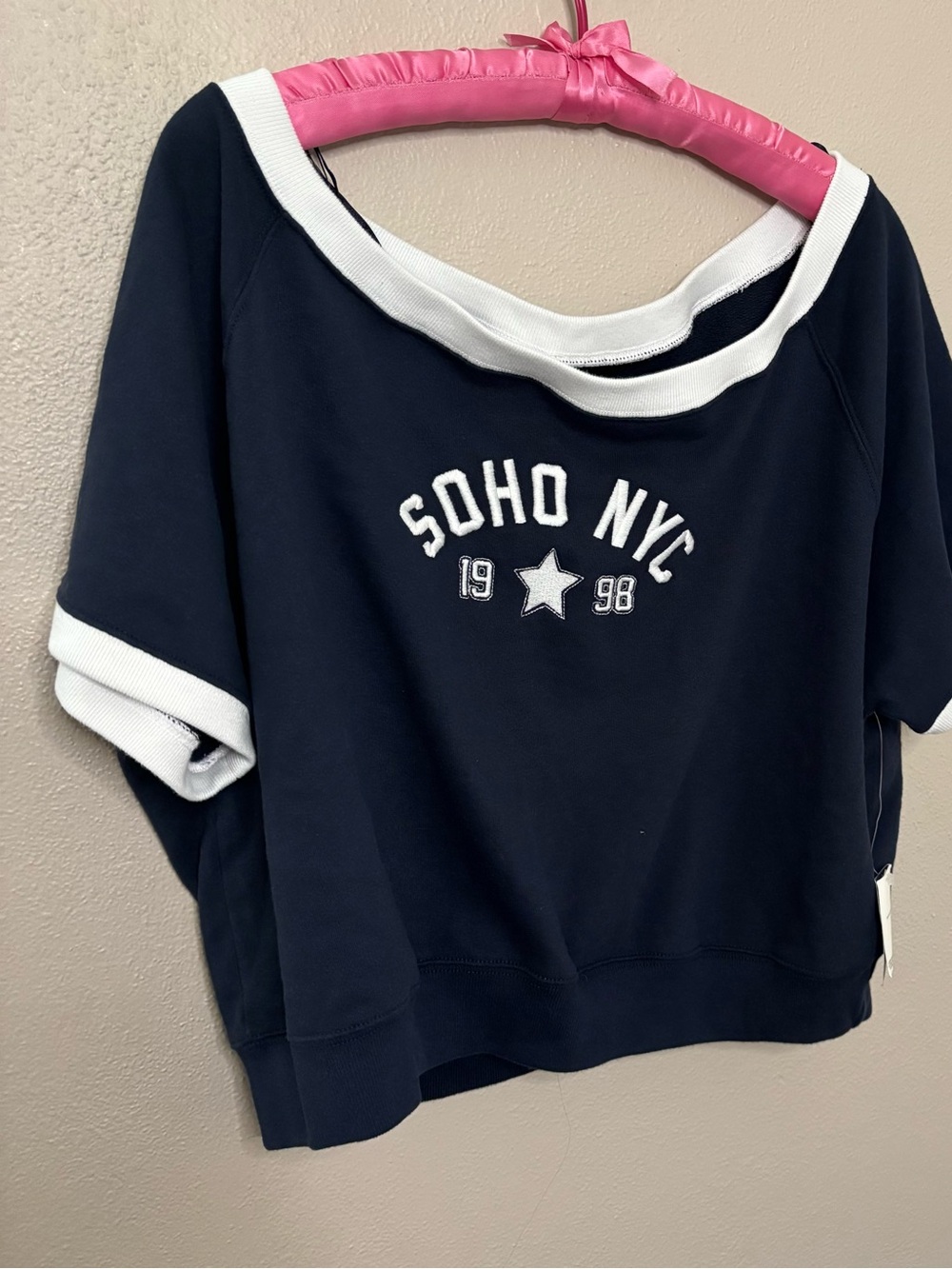NWT Hollister Soho NYC Off Shoulder Sweatshirt Navy White Large